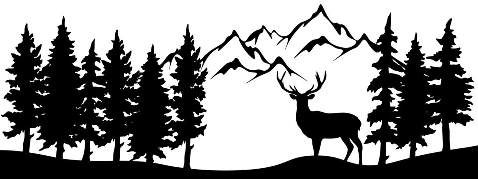 Black silhouette of wild deer and forest fir trees mountains camping wildlife adventure landscape panorama illustration icon vector for logo, isolated on white background