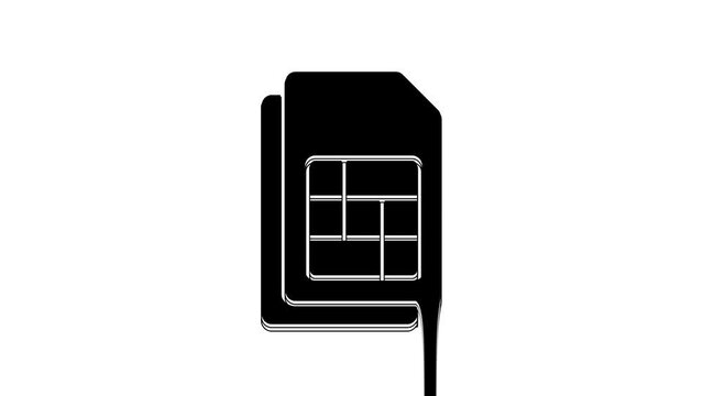 Black Sim card icon isolated on white background. Mobile cellular phone sim card chip. Mobile telecommunications technology symbol. 4K Video motion graphic animation