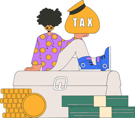 A neat man holds a bag of taxes in his hand. The topic of paying taxes.