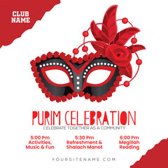 Purim celebration jewish holiday greeting card, masque, Purim festival decoration, social media design