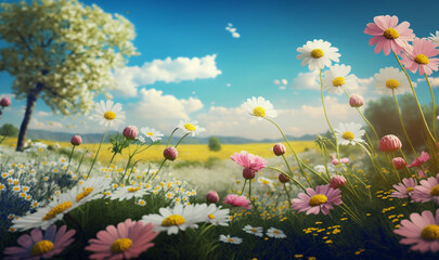 Fototapeta na wymiar Meadow with lots of white and pink spring daisy flowers and yellow dandelions in sunny day