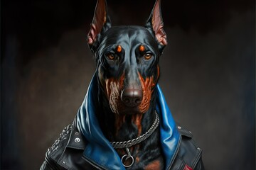 Portrait of a Doberman dog dressed as a biker