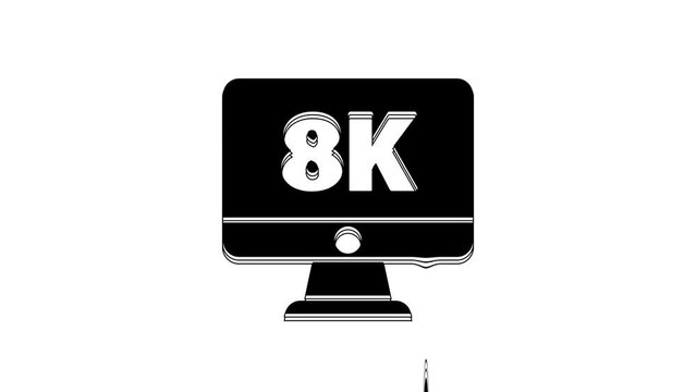 Black Computer PC monitor display with 8k video technology icon isolated on white background. 4K Video motion graphic animation