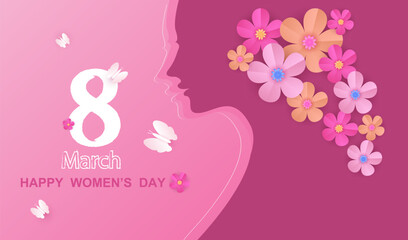 Happy women's day 8 march vector background with paper cut  
flowers hair and women face. International female holiday pink illustration with butterflies. Spring design.