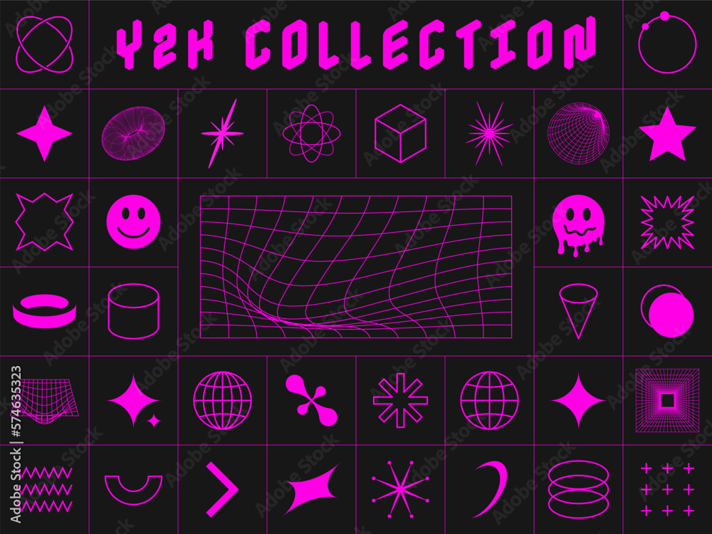 Leinwandbilder Y2K style symbols and design elements. Collection of abstract and geometric acid design elements in Y2K style. Retro and futuristic shapes and meshes, icons and symbols. Vector