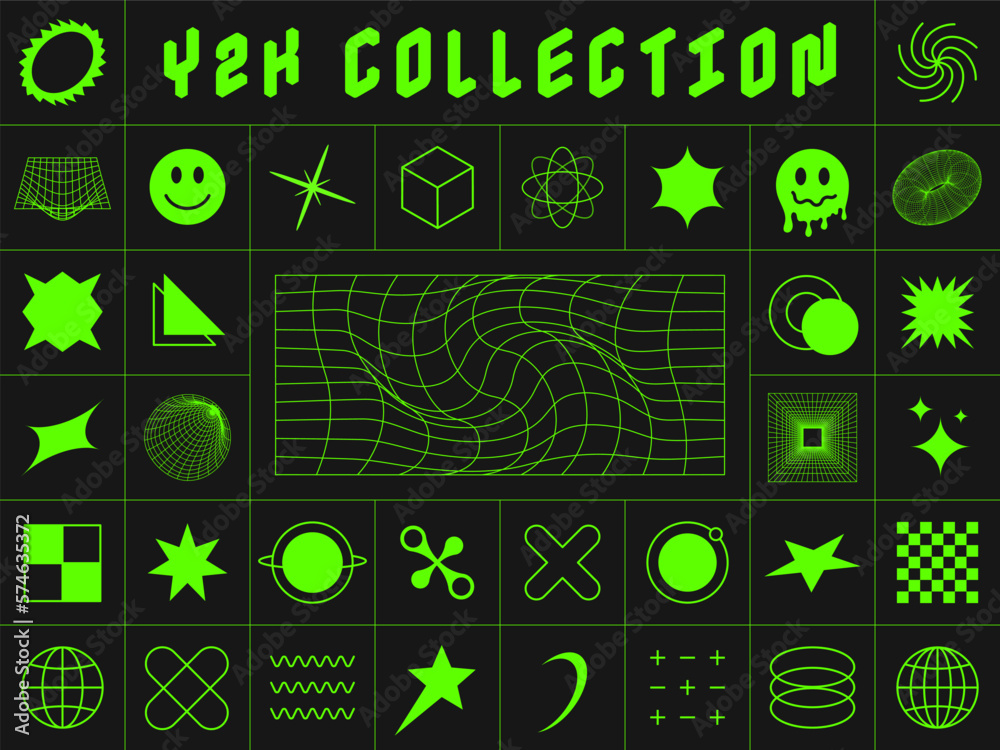 Aufkleber Y2K style symbols and design elements. Collection of abstract and geometric acid design elements in Y2K style. Retro and futuristic shapes and meshes, icons and symbols. Vector