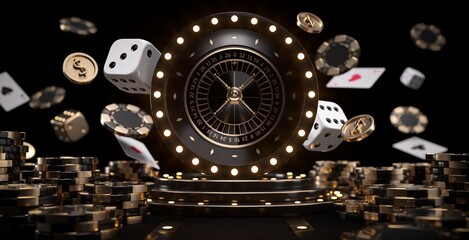 Modern Black, White And Golden Roulette Wheel, Chips, Dices, Cards And Coins On Black Background With Neon Lights. Casino Gambling Concept - 3D Illustration	
 - obrazy, fototapety, plakaty