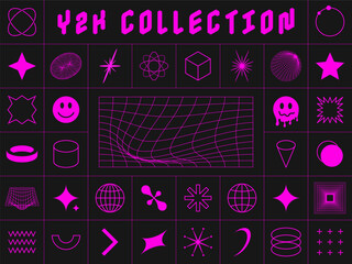 Y2K style symbols and design elements. Collection of abstract and geometric acid design elements in Y2K style. Retro and futuristic shapes and meshes, icons and symbols. Vector