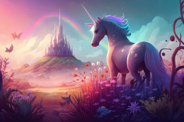 Magic unicorn in fantastic world with fluffy clouds and fairy meadows. Neural network AI generated art