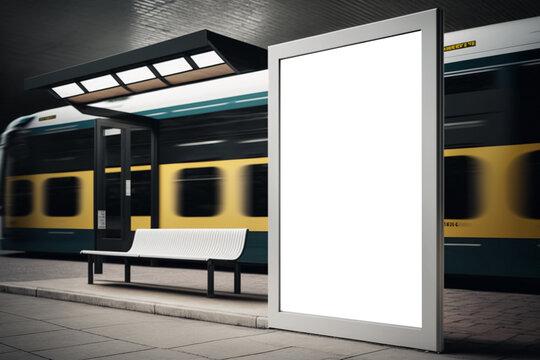 Tram station with white poster for advertising, mockup template