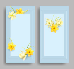 Romantic delicate cards with floral border of daffodils. Template for greeting postcards, invitation. Vector set.