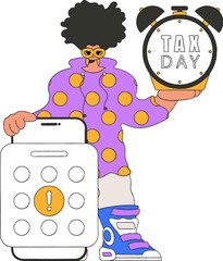 Gorgeous man with a calendar and an alarm clock. The topic of paying taxes.