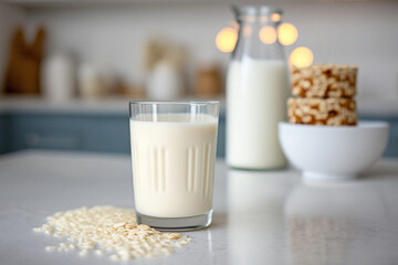 Glass with vegan oat milk on a white table. Generative AI
