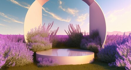Natural beauty podium with lavender field background for your product showcase. generative ai