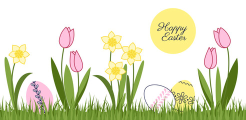 1355_ Happy Easter greeting card with decorated eggs and spring flowers