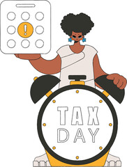 Stylish woman with calendar and alarm clock. The topic of paying taxes.
