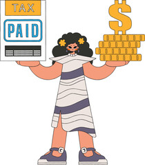 A fashionable woman holds a tax form and coins in her hands. The topic of paying taxes.