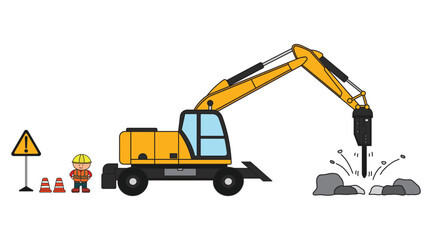 Vector illustration color children construction mini size wheeled drill excavator and construction worker clipart
