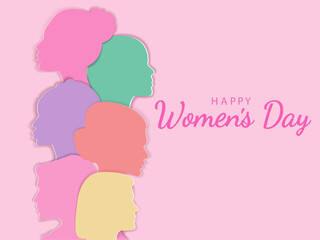 Fototapeta na wymiar Women's Day banner or greeting card with womens faces .Mothers Day. Greeting card for 8 March.For brochures, postcards, tickets, banners.Womens History Month.