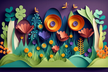 3d floral paper cut background, volume spring flowers generative ai