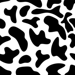 Fototapeta na wymiar Seamless pattern with milk cow skin pattern. Cow print in black and white texture. Design for fabrics, textiles, wrapping paper, tablecloths, curtain fabrics, clothing. Vector illustration