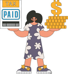 Stylish woman holds a tax form and coins in her hands. The topic of paying taxes.