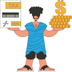 A modern man holds a tax form and coins in his hands. The topic of paying taxes.