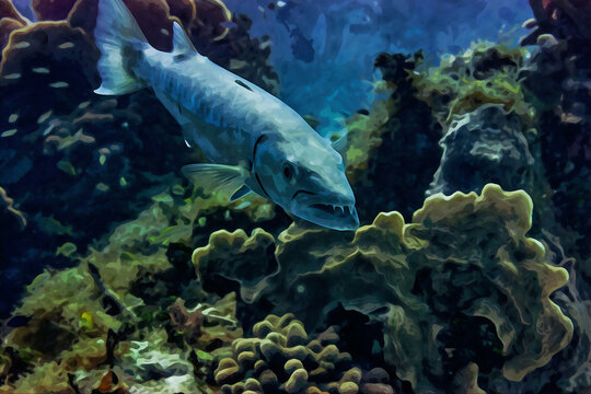 Digitally created watercolor painting of a large Great Barracuda hunting over the coral reef in the Cayman Islands