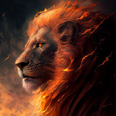 Fire-maned lion, fantasy animal, unusual creative magical magic illustration on black background
