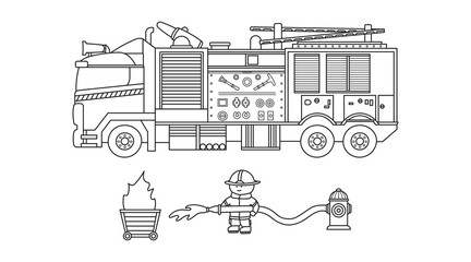 Fototapeta na wymiar Hand drawn Vector illustration color children fire engine with firefighter clipart