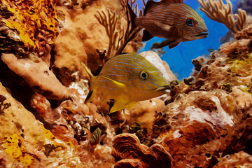 Digitally created watercolor painting of a French Grunts swimming over a coral reef in the Cayman Islands