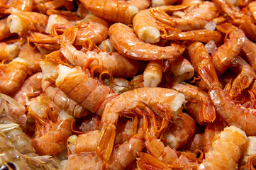 fresh orange shrimps on fish market