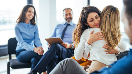 Group therapy session, empathy concept, psychological support, diverse friends overcome problem together, addiction treatment or team building close up. 