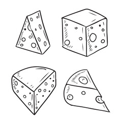Different shape of cheese pieces with holes isolated on white background. Hand drawn vector sketch illustration in doodle engraved vintage line art style. Food, snacks, diary products, healthy.