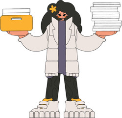 Stylish girl holds stacks of documents in her hands.