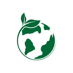Earth nature care icon. Ecology Planet and Leaf. Eco Globe Green World with Plant Symbol