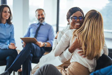Group therapy session, empathy concept, psychological support, diverse friends overcome problem...