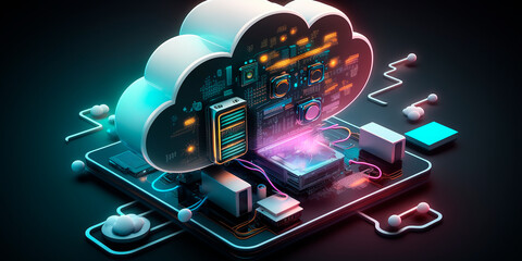 Cloud storage communication with computer. Hosting and data processing. Virtual development environment of programming software mobile, desktop computer platforms. Monitoring, testing. Generative AI