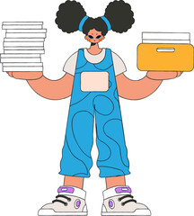 Fashionable woman holds stacks of documents in her hands.