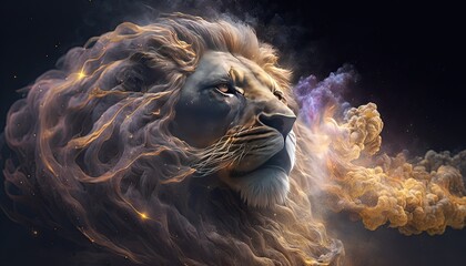 Naklejka premium Awe-inspiring glowing lion, the majestic creature of myth and legend, generative ai