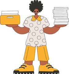 Stylish man holds stacks of documents in his hands.