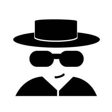 Vector illustration, logo, badge agent, spy in hat and glasses. Isolated on a white background.