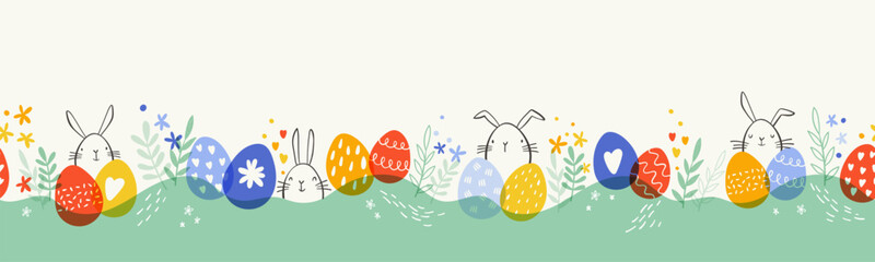 Cute hand drawn Easter seamless pattern with bunnies, flowers, easter eggs, beautiful background, great for Easter Cards, banner, textiles, wallpapers - vector design