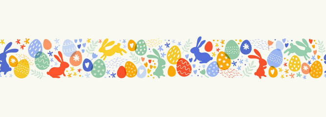 Fototapeta na wymiar Cute hand drawn Easter seamless pattern with bunnies, flowers, easter eggs, beautiful background, great for Easter Cards, banner, textiles, wallpapers - vector design
