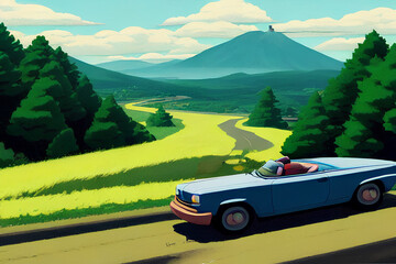 Obraz na płótnie Canvas A Lonely Classic Blue Car Travelling Along A Long & Winding Road In The Rural Area With Beautiful Mountain And Open Field Landscapes, created with generative AI technology