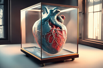 Medical anatomical mutated heart in a glas box, 3d render, Realistic heart, Soft light, Generative AI