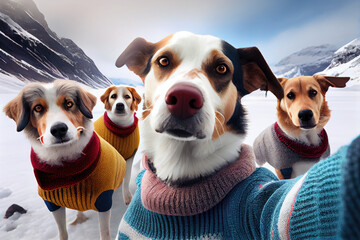 Group of dogs taking a selfie in the snowy mountains wearing dog sweaters. Generative AI.