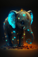 This super cute baby elephant radiates innocence with its big, captivating eyes. Surrounded by a magical aura of light and sparkles, its charm is simply irresistible.