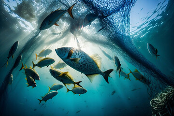 Red de pesca, pescando banco de peces debajo del agua en el océano. Generative ai. - obrazy, fototapety, plakaty