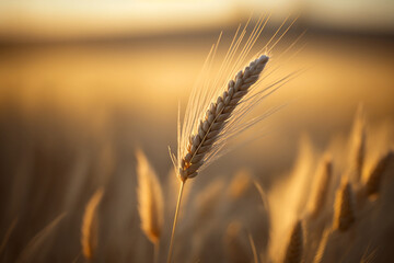 Rama de trigo, tallo de cereal trigo cebada en medio de un campo sembrado con el sol del atardecer, generative ai.